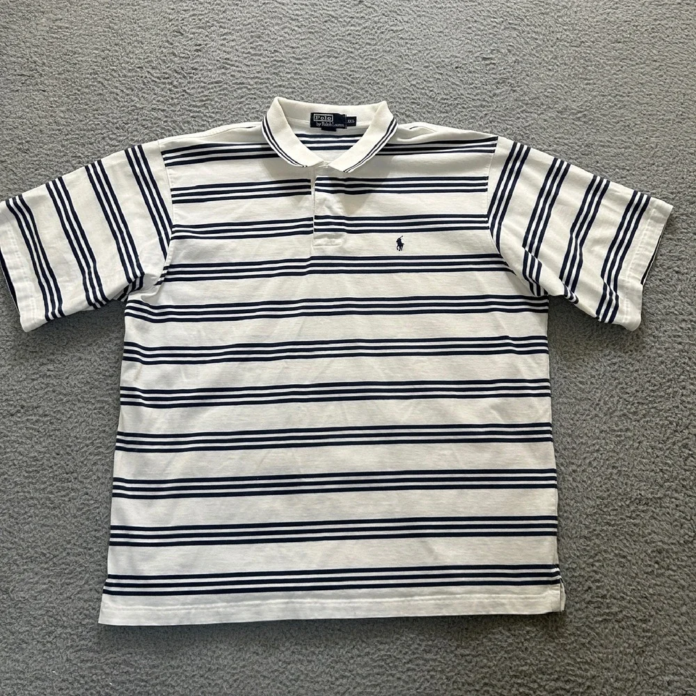 Polo Ralph Lauren Polo Shirt Mens XXL White Navy Striped Snap Collared Preppy